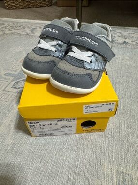 Tsukihoshi Kids Grey and White Racer Sneaker with Hook-and-Loop Strap